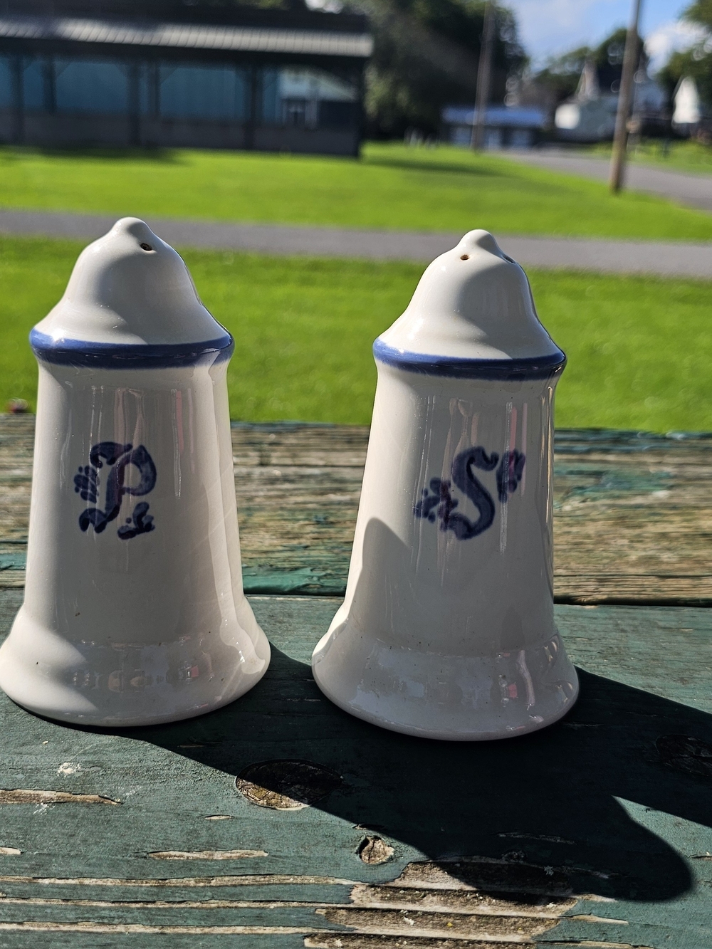 White Ceramic Salt and Pepper Shakers with Blue Trim